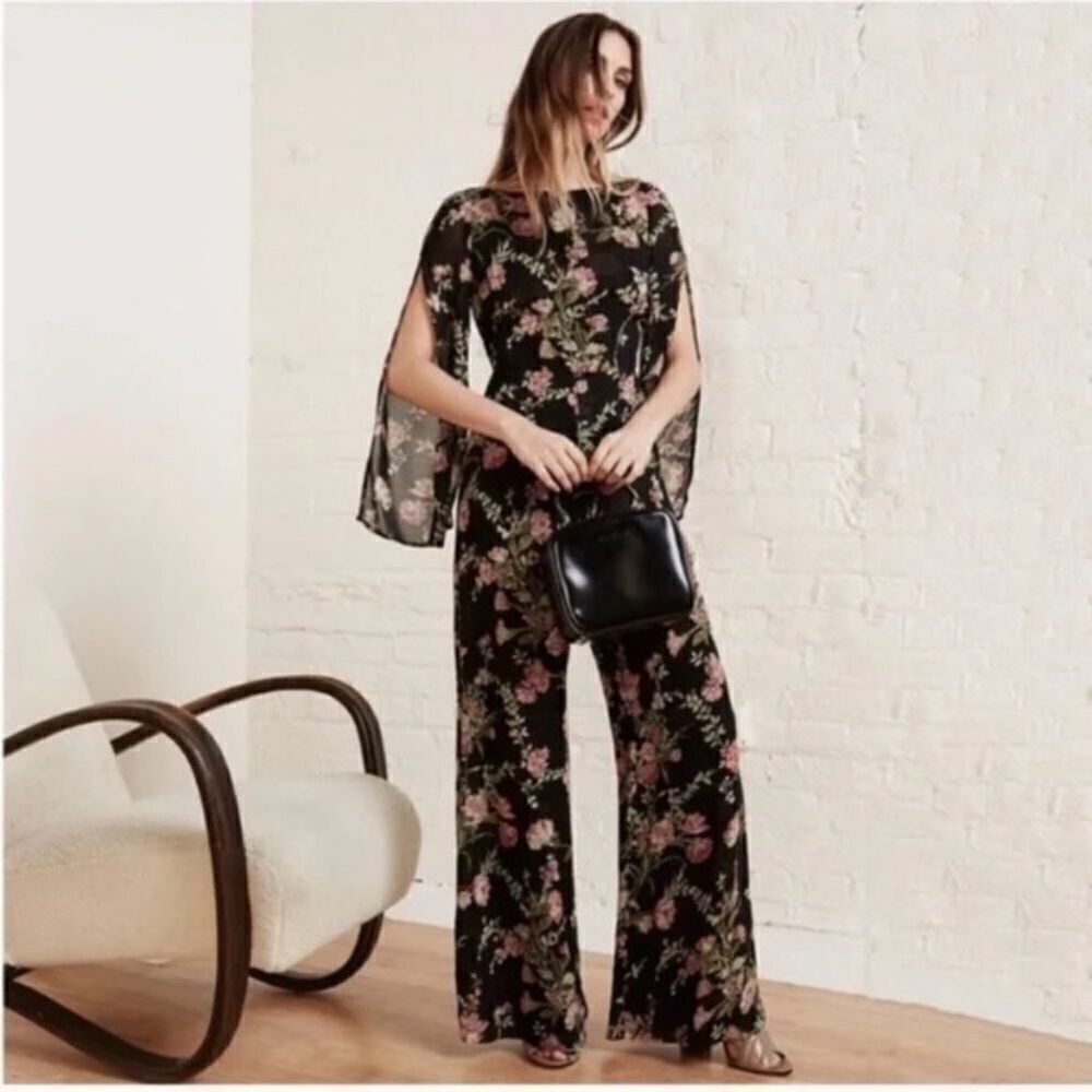 Reformation Sherwood Black Jumpsuit Floral Open Long Sleeve Flared Leg Size 2